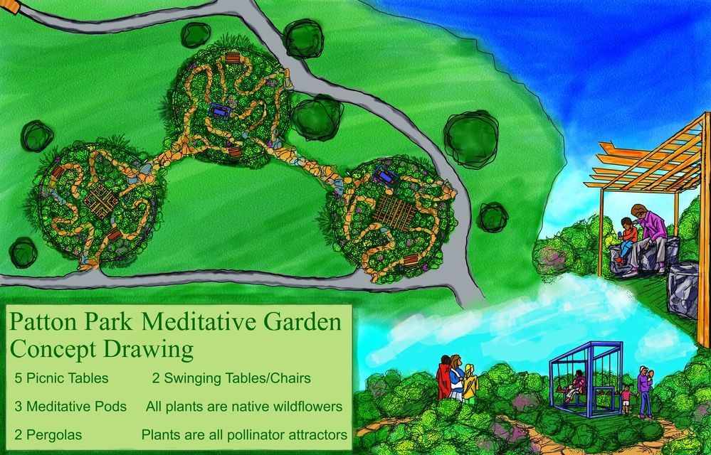 A meditation garden is an outdoor space where one can go to find balance and let go of stress and worries by practicing mindfulness in nature. Spending time in green space or bringing nature into one’s everyday life can benefit both mental and physical wellbeing. The meditative garden will consist of native landscaping with a focus on pollinator plants. Amenities within the gardens include picnic tables, pergolas, and SwingTables.